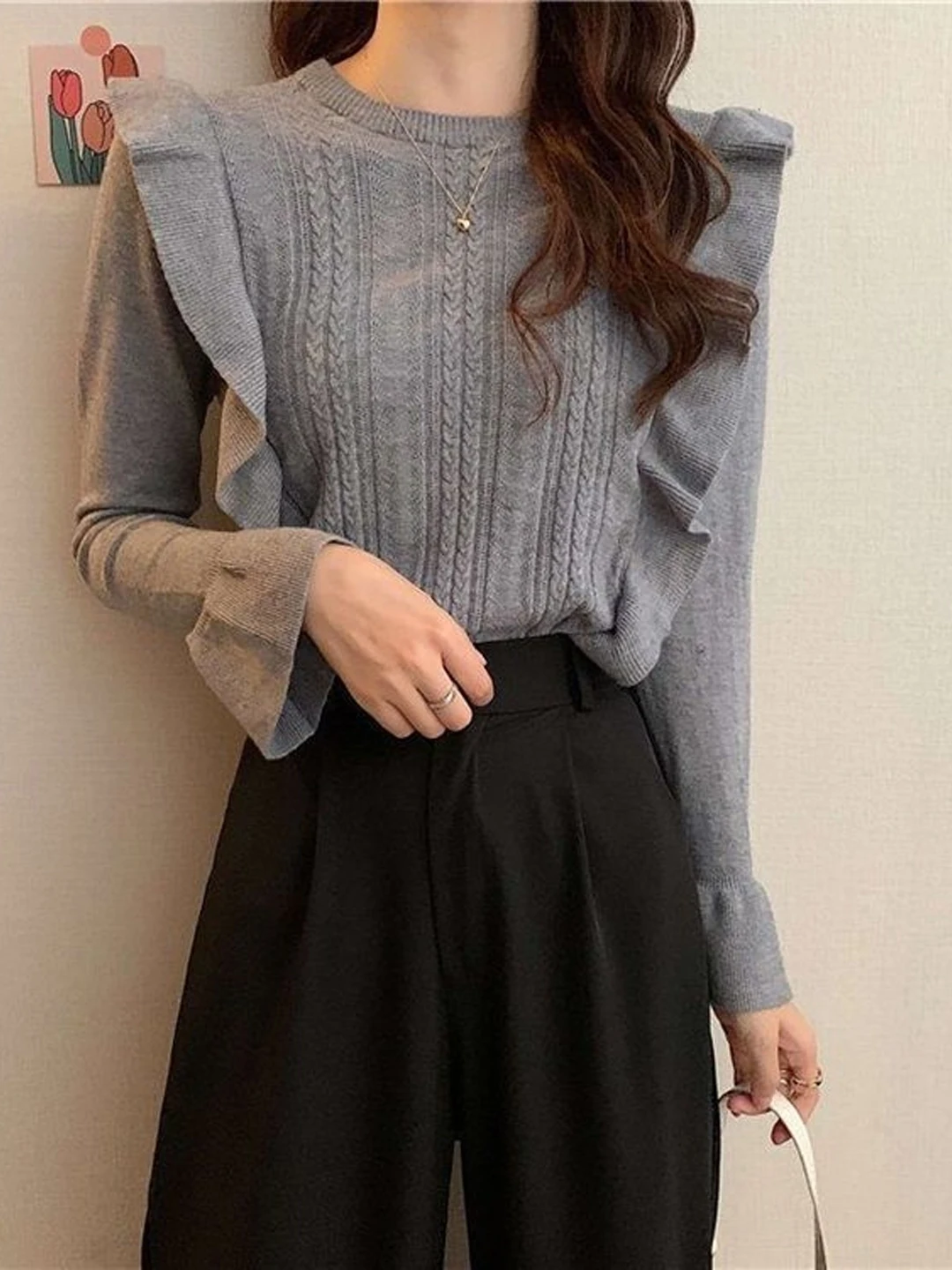 قميص نسائي محبوك بأكمام طويلة للتنحيف، تصميم فرنسي أنيق، ناعم الملمس، بأكمام واسعة، دافئ ومناسب للارتداء اليومي #3