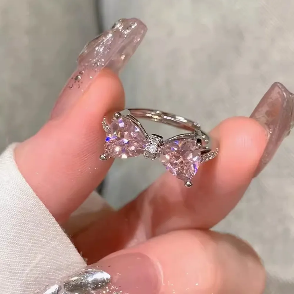 Beauty Pink Bowknot Finger Ring Adjustable Exquisite Bow-tie Ring Sweet Bowknot Bowknot Opening Ring Gift