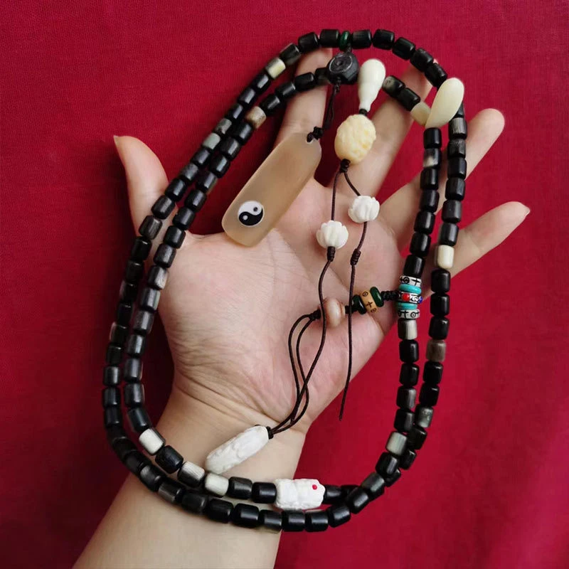 

Black donkey hoof 108-bead bracelet with caviar pattern, DIY deer bone three-way bead, Tara clasp, dragon and goat horn, Bagua p