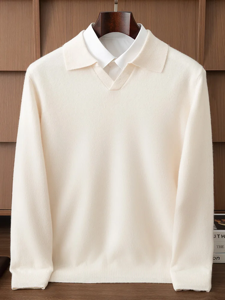 High Quality Men Wool Sweater Polo Collar Pullover Smart Casual Autumn Winter Simple 100% Pure Wool Knitted Soft Clothing Top