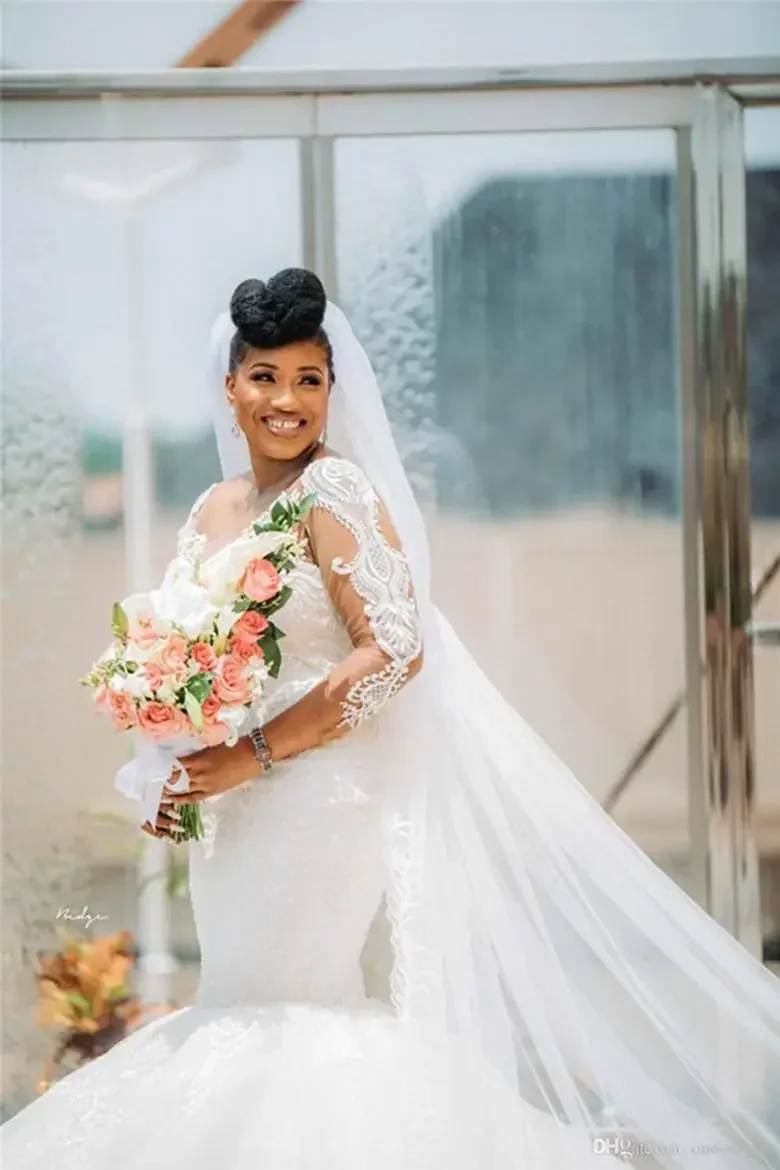 فستان زفاف حورية البحر بأكمام طويلة مزين بالدانتيل مخصص فستان زفاف أفريقي شفاف أسود للفتيات مقاس كبير مصنوع حسب الطلب