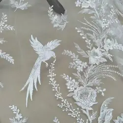 Hot selling off-white flower-and-bird wedding dress fabric lace with sequins 130cm wide sold by size