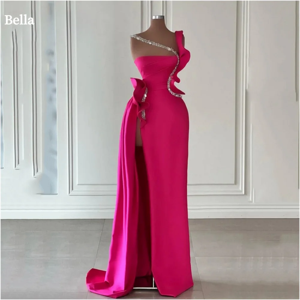

Bella Customized Rose Red Glitter One Shoulder robes de soirée Side Slit Satin Evening Dresses Sleeveless Wedding Dress 2024