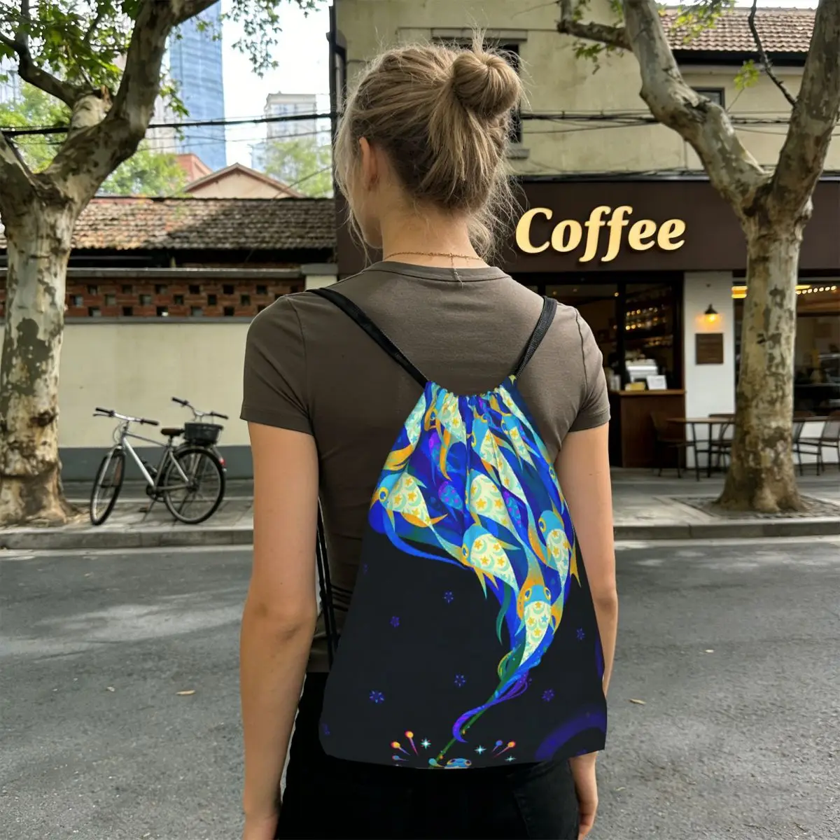 

Blue Fish Schools Backpacks Portable Drawstring Bundle Pocket Storage Bag Book Bags for Travel School