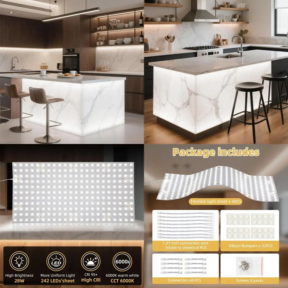 لوحات إضاءة خلفية LED مرنة مكونة من 4 قطع 36 وات 6000 كلفن للحجر الطبيعي/الكوارتز، 19.3 × 9.6 (بدون مصدر طاقة) #1