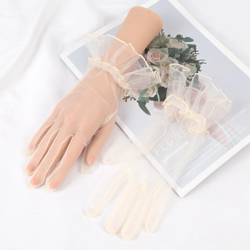 Neue sexy transparente Spitze schwarz weiß Handschuhe einfarbig Mode Frauen fahren kurze Tüll handschuhe Mesh dehnbare Hochzeits handschuhe – Detail 9