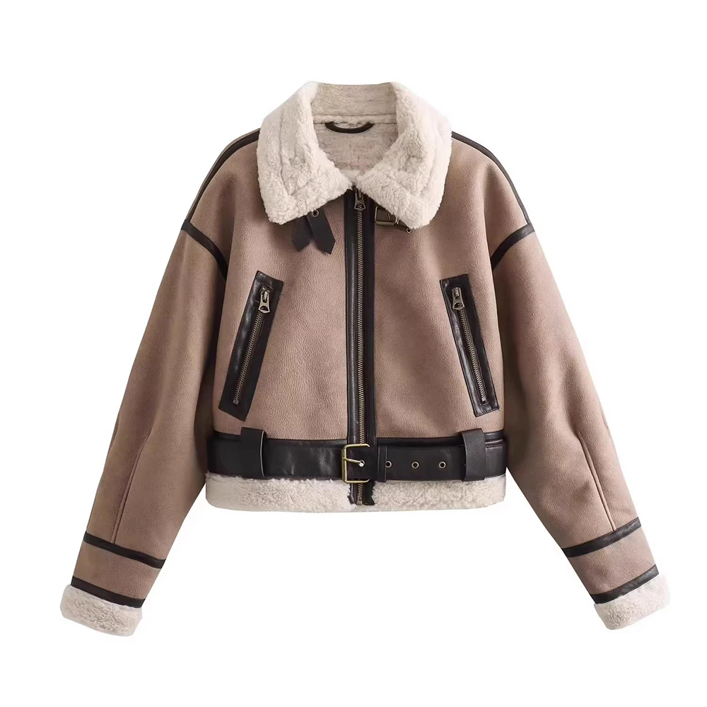 Inverno donna Streetwear Zip finta pelle di agnello giacca corta in pelliccia con cintura Moto Biker spessa calda pelle di pecora PU cappotto Outwe