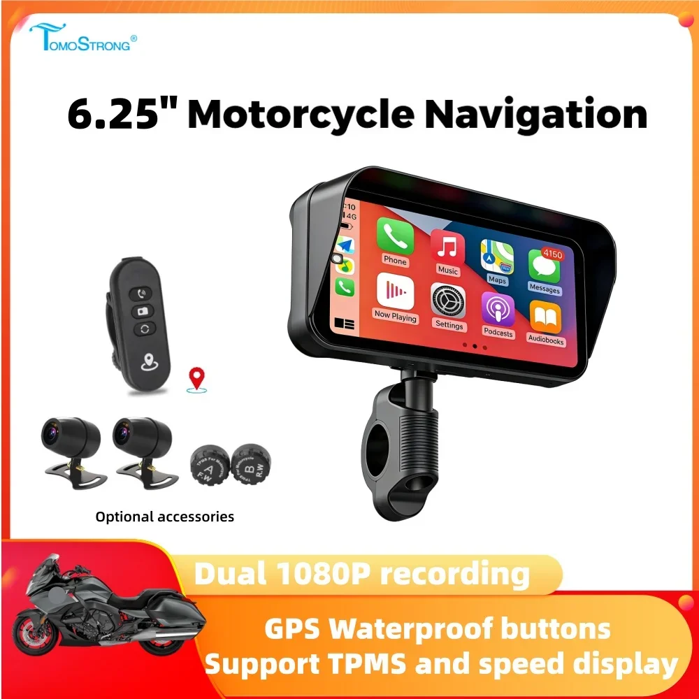 

Tomostrong 6.25" Moto Dvr Wireless Carplay Android Auto Tpms Gps Button Motorcycle Navigation Display Screen Dashboard Universa
