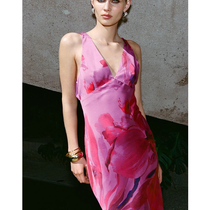 Spring Summer Women's Wide oulder Strap Twist Design Print V-ne Silk Satin Feel Midi Dr Ele High Waist Long Skirt