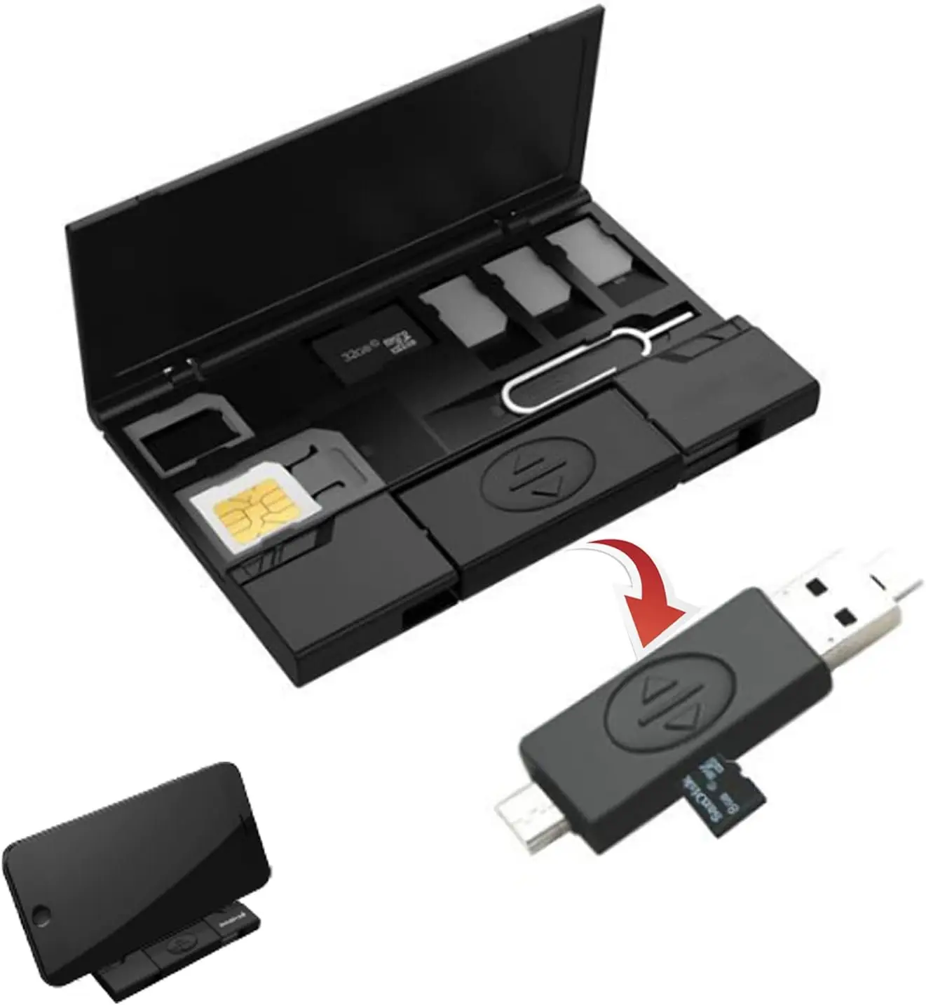 USB-geheugenkaartflashlezer voor MicroSD TF met MicroUSB & Type-C OTG-lezer voor telefoon + SIM-kaartopbergdoos en telefoonstandaard