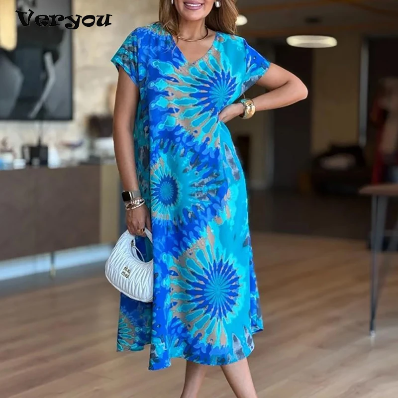 Elegantes Damenkleid, Boho, V-Ausschnitt, kurze Ärmel, lockere Vintage-Kleider, Damen, lässig, Strandparty, Midikleid