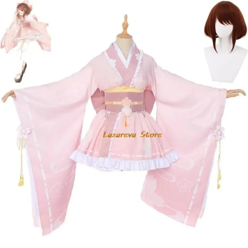 

Anime Uraraka Ochaco My Hero Academia Boku No Cosplay Costume Wig Kimono Lovely Pink Lolita Dress Hallowen Carnival Party Suit