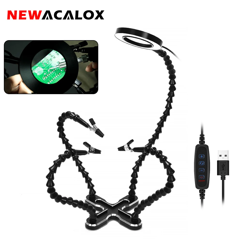 Newacalox-usb Led Óculos Lupa Lâmpada Terceira Mão de Solda Braços Flexíveis Ajudando Stand Repair Holder Tool Faça Você Mesmo 3x Pcs