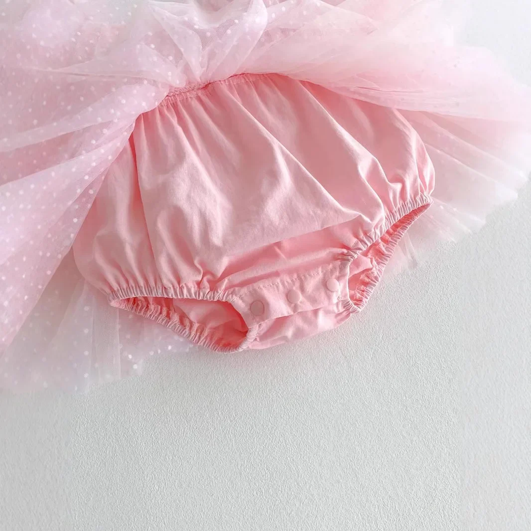 Gaun lengan gelembung anak perempuan, gaun jumpsuit anak perempuan usia satu tahun, gaun kue putri Ha Yi titik gelombang manis jaring musim panas