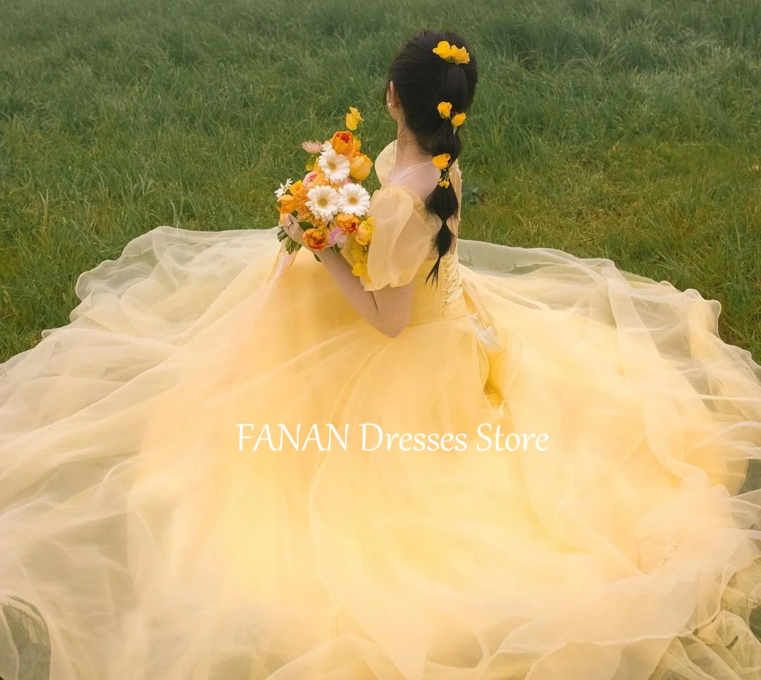 FANAN Yellow Tulle  Evening Party Dresses Korea Princess O-Neck Short Sleeves Wedding Women  Gowns Event Prom Gowns Customized