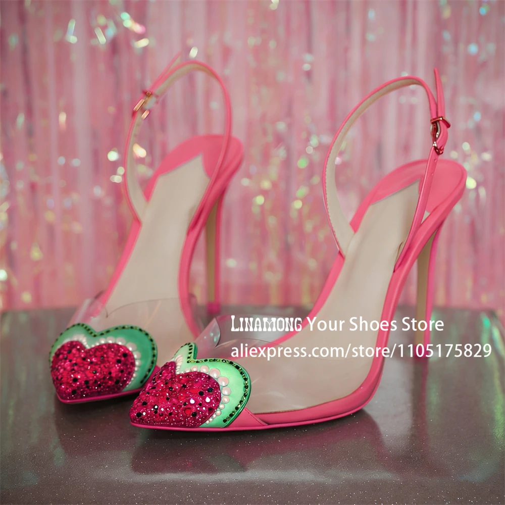 Watermelon Rhinestone Flats Designer Style Crystal Pumps Sexy Pointed Toe Slingback High Heels Elegant Luxurious Mesh Women Shoe