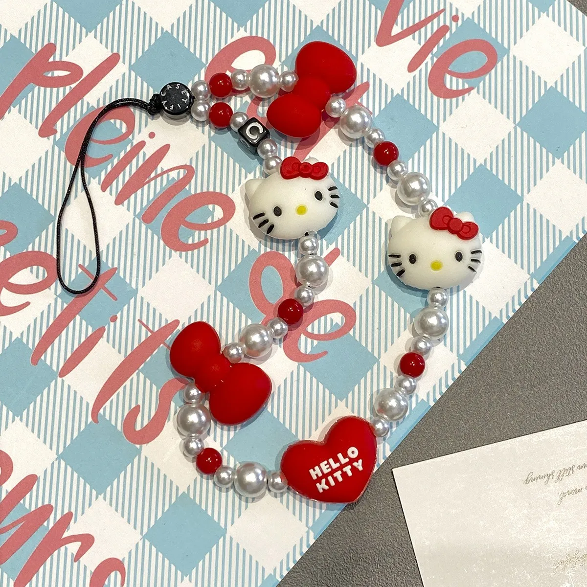 Hello Kitty Storage bag pendantPhone Chain Cute Sanrio Girl Heart Bead String Phone Case Hanging Rope Keychain kawaii pendent H