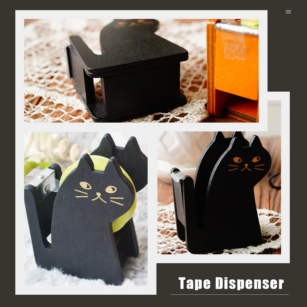 

2pcs Tape Dispenser Retro Wood Black Cat Yellow Adorable Desk Holder School Office Home Use Smooth Edge