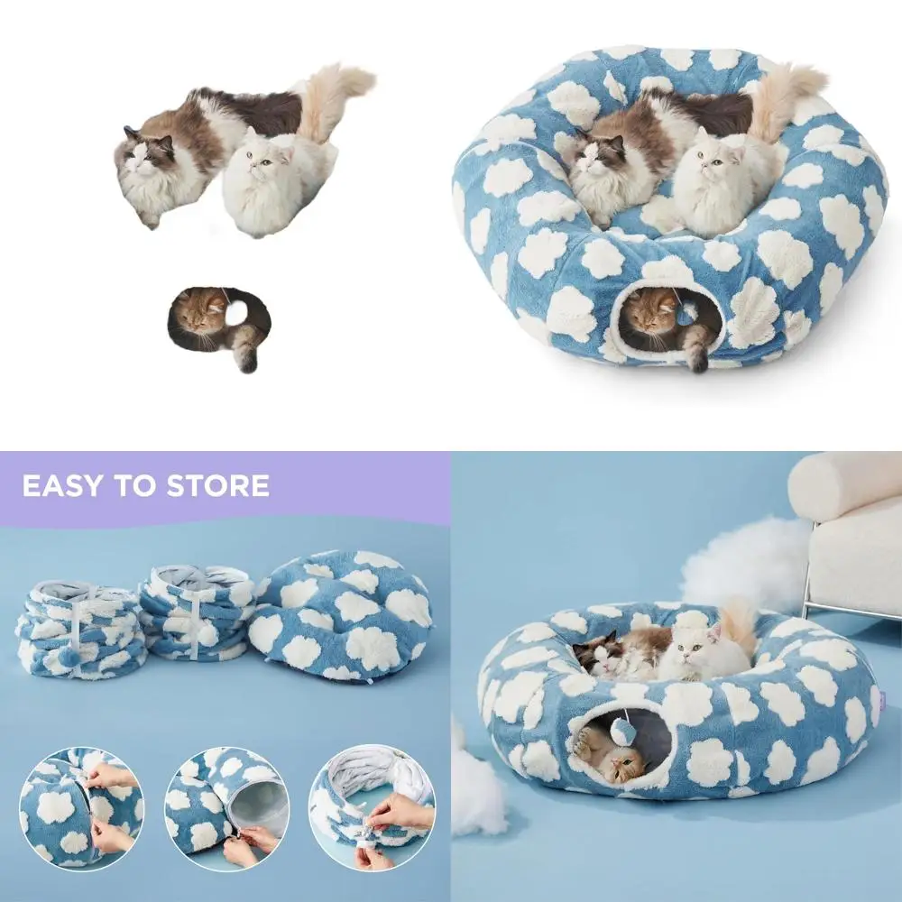 

Уютная кровать-тоннель для кошек в форме пончика с моющейся подушкой, пещера-убежище для домашних кошек, для нескольких питомцев, синяя