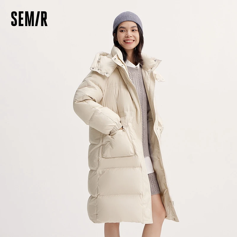 Semir Down Jacket Women Long Length Detachable Hooded 2024 New Winter Textured Winter Clothing