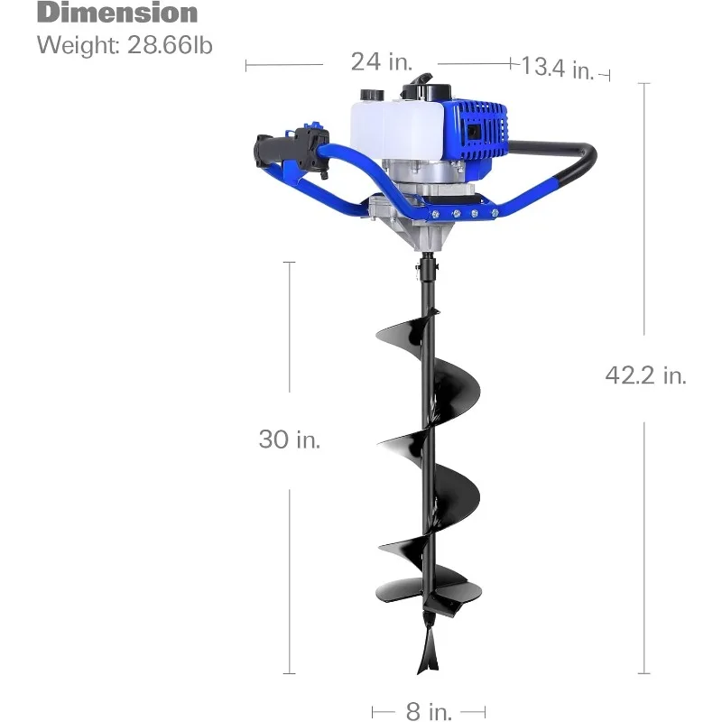 Post Hole Digger Gas Powered, 52cc 2.4 HP 2 Stroke Engine Earth Auger with 8