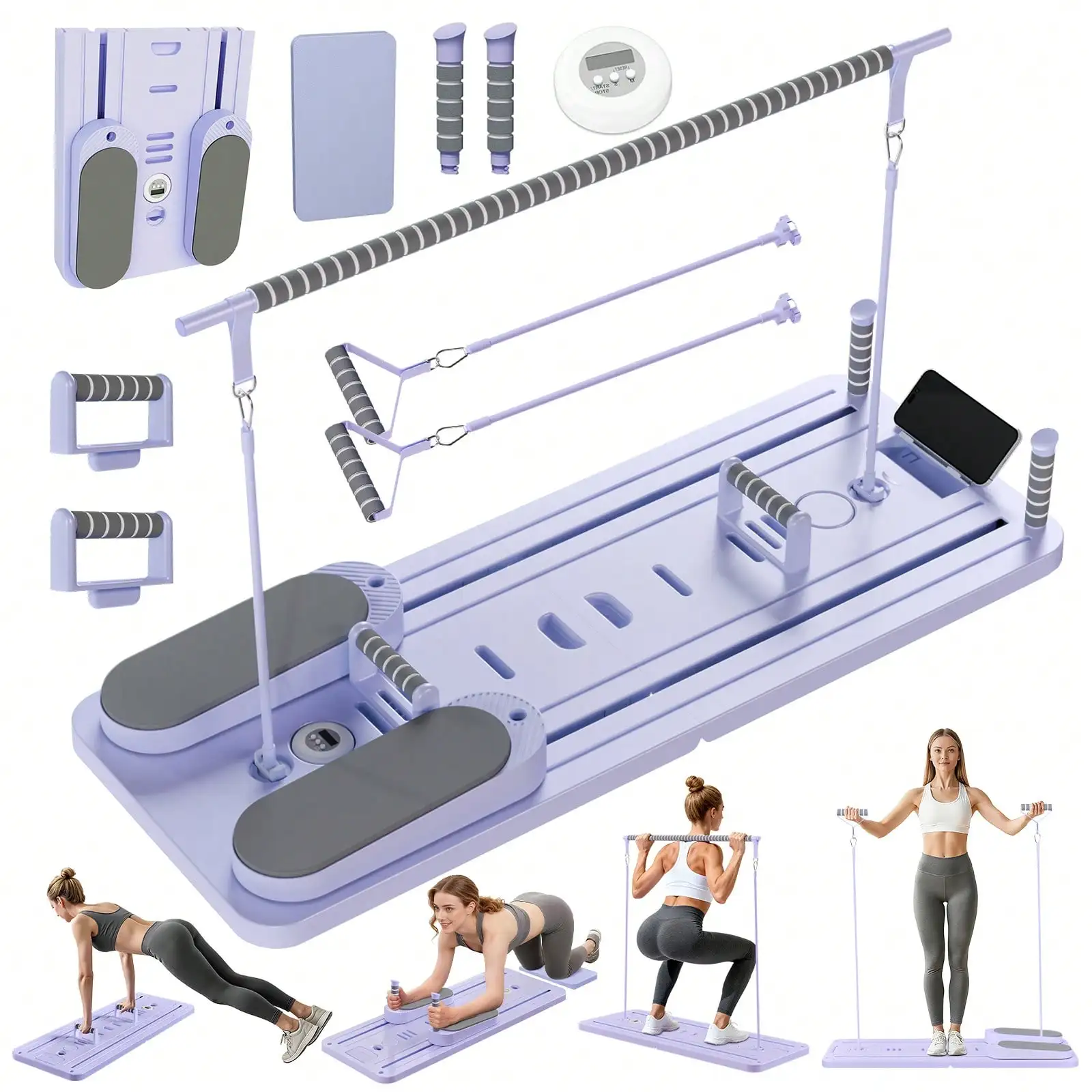 Pilates Reformer With Bar, Pilates Board With Phone Holder, Multi-Purpose Foldable Pilates Reformer Machine, Pilates Sculpting Core & Abdominal Trainer, Portable Home Pilates Slider Board Equipment For Home Workout, Fitness, Exercise, Abs