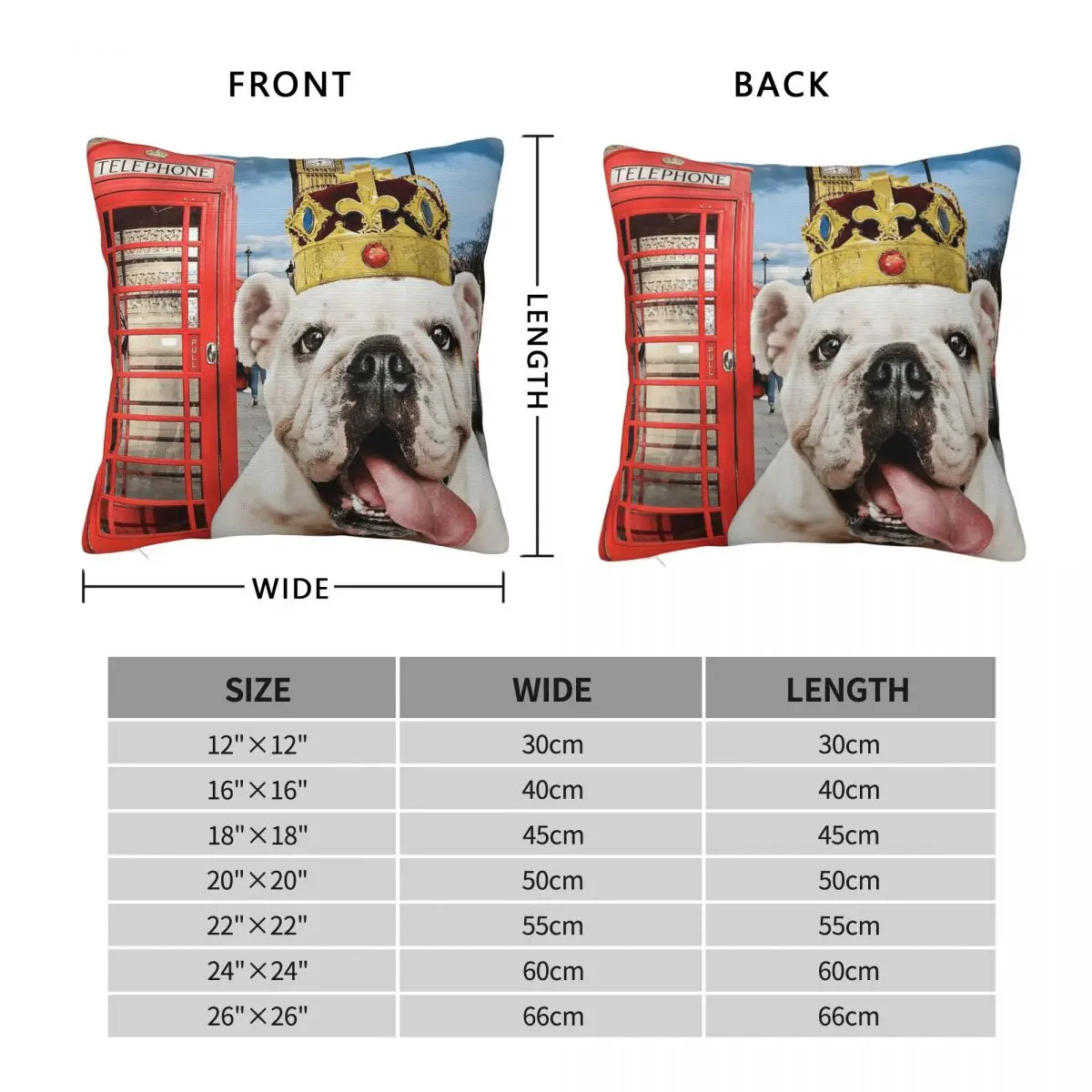 English Bulldog London Crown Square Pillowcase Polyester Linen Velvet Printed Zip Decorative Home Cushion Cover 45x45