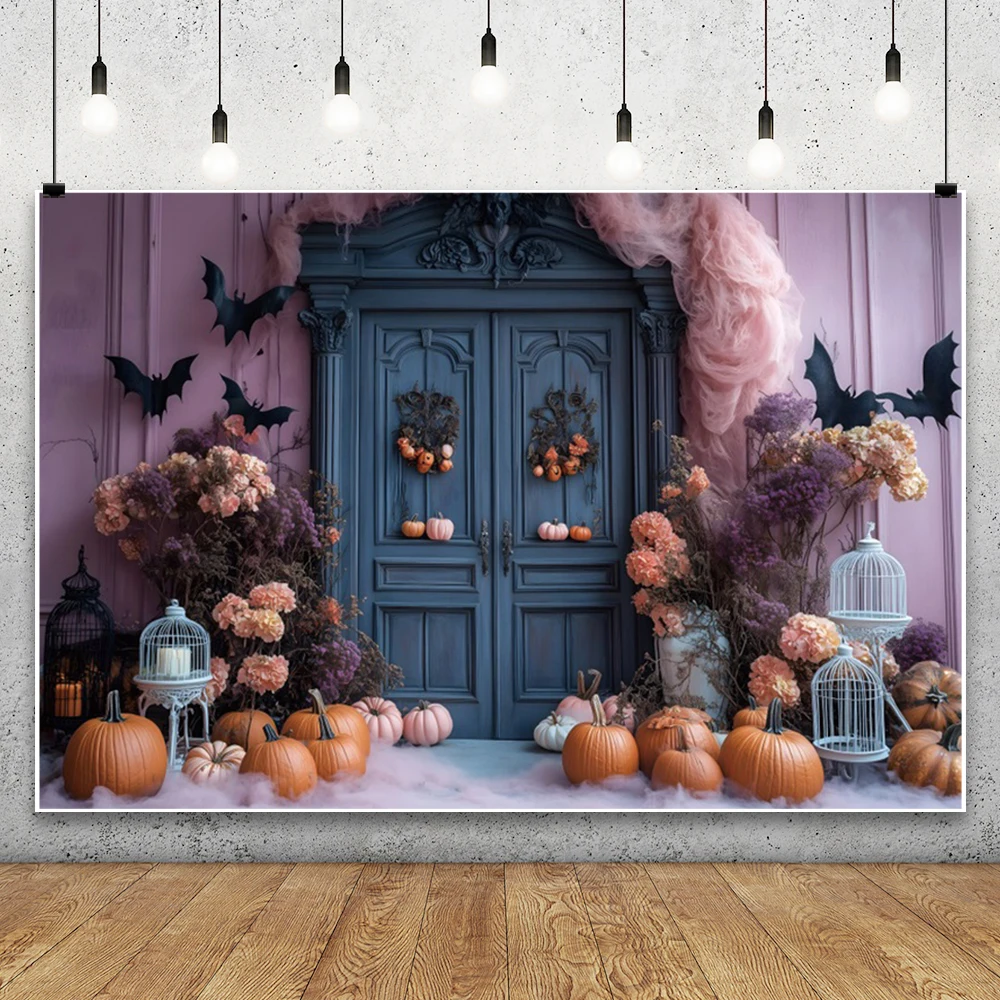 Happy Halloween Photography Backdrop Horror Castle Palace Wall Wooden Door Pumpkin Bats Halloween Party Decor Photo Background