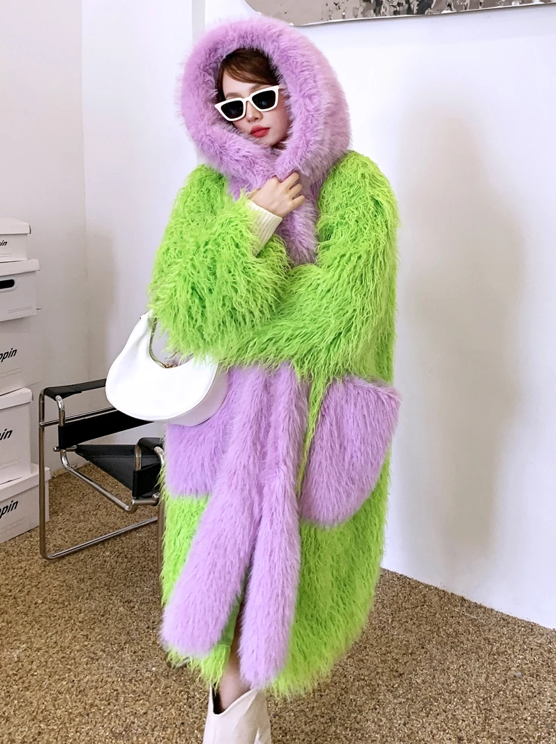 Lady Personalized Fluorescent Green Faux Fur Coat Hooded Long Jacket Female Streetwear Women\'s Winter Coats Performance Costume