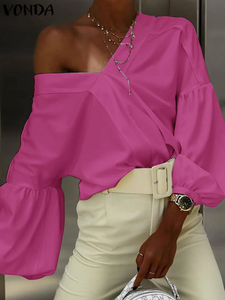 VONDA Women V-Neck Blouse Elegant Office OL Tunic 2025 European Fashion Shirts Lantern Sleeve Solid Color Tops Oversized