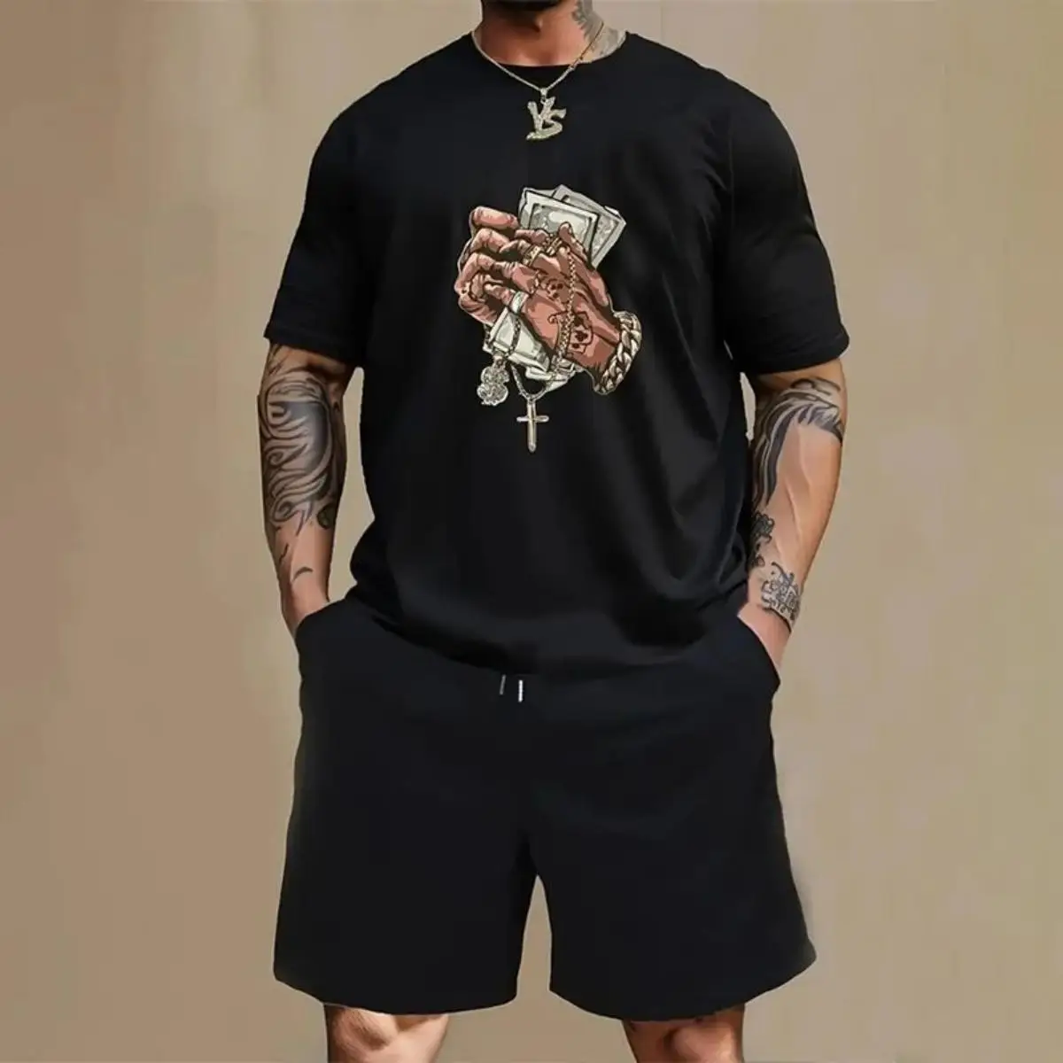 

2025 men's trend summer fashion loose personality letter print casual short sleeved two-piece set sports breathable round neck s