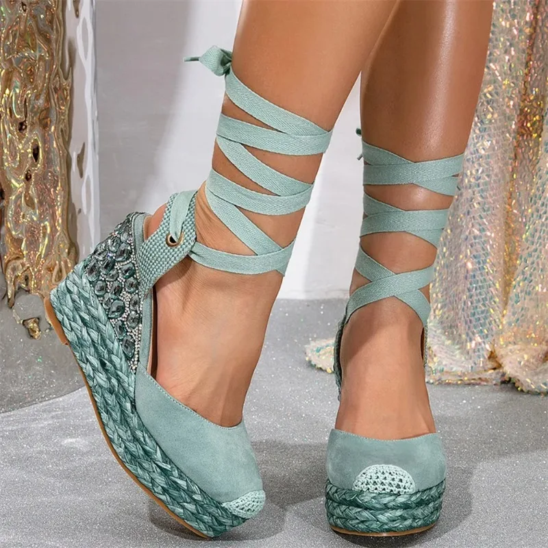 European Size Ladies Rhinestone Embellished Espadrille Wedge Sandals Soft Comfort Platform High Heels Summer Leisure Daily view 6