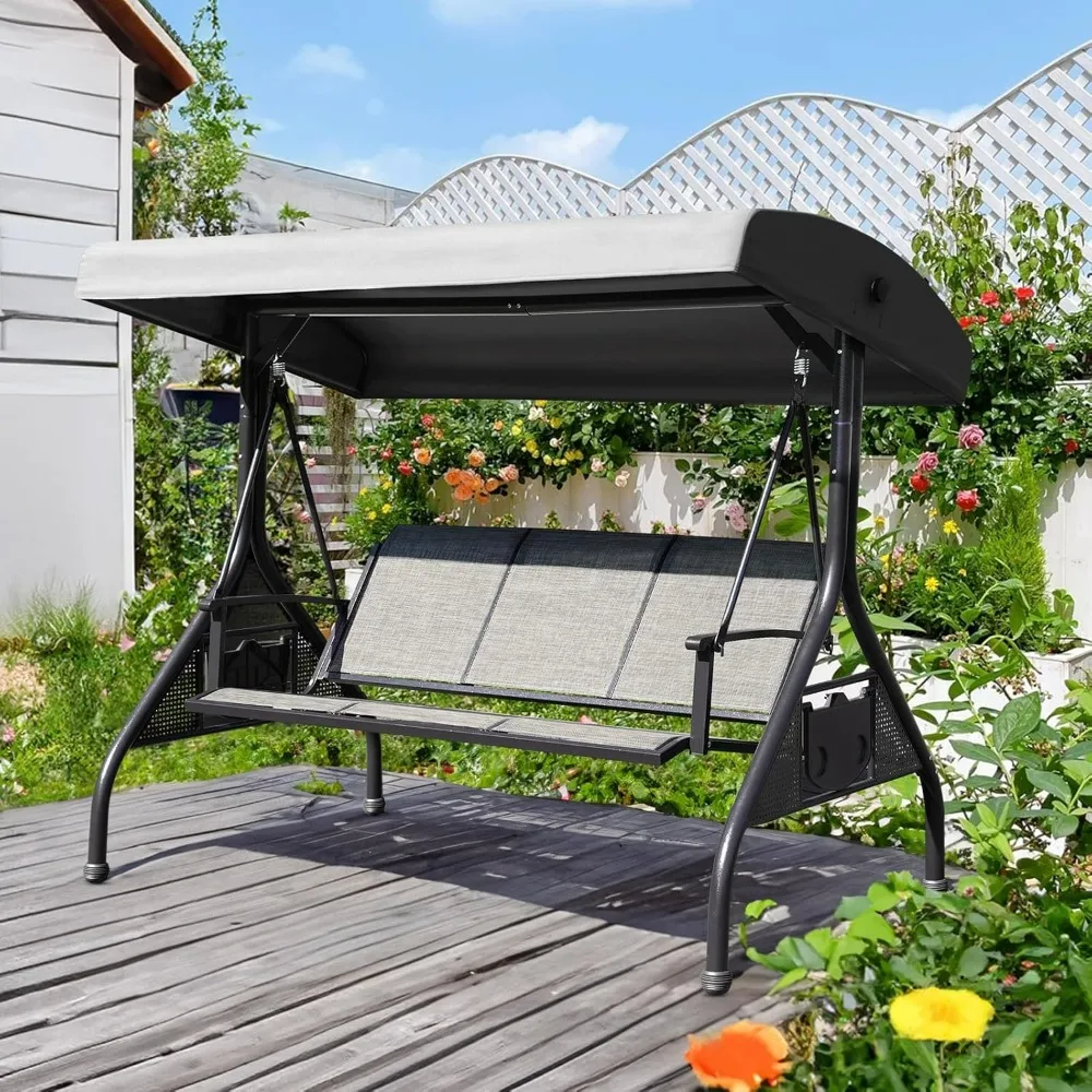 

Outdoor Patio Swing with Adjustable Canopy, 3 Seat Outdoor Porch Swing with Cup Holders, Waterproof Textilene Swing Chair