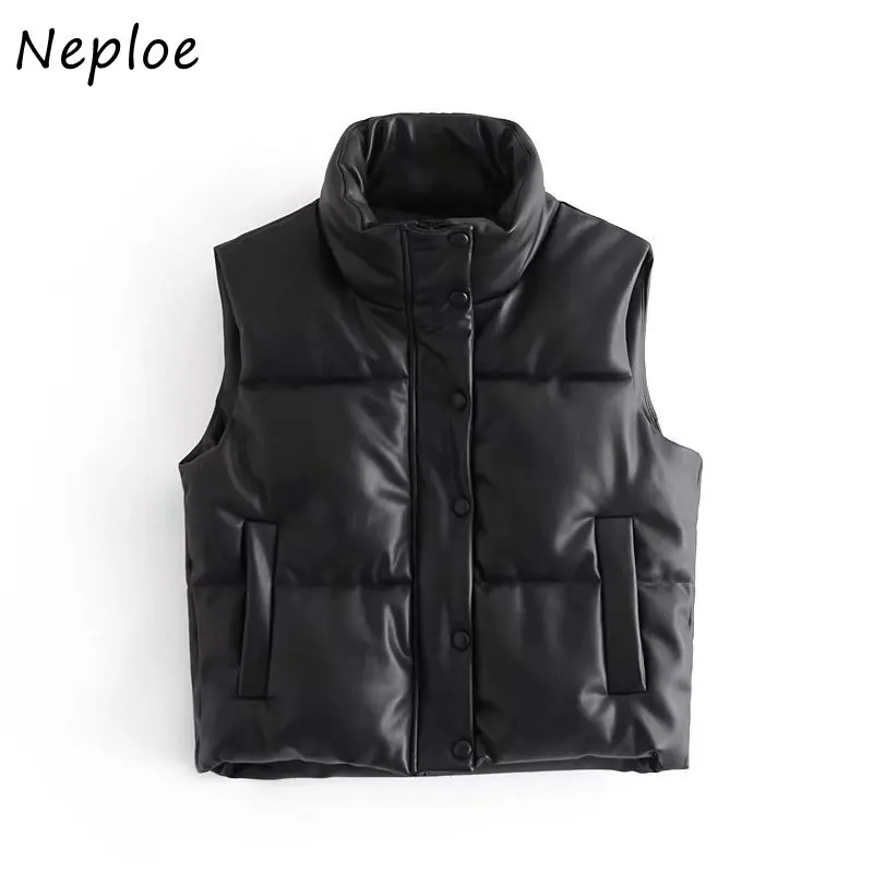 

Neploe 2025 Winter New American Veste Femme Streetwear Moda Casual Leather Parkas Vest Solid Loose Stand Collar Sleeveless Mujer