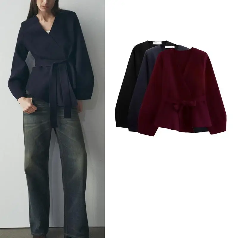 

Autumn Winter New Women's Knitted V-ne Long Sve Jaet Coat with Belt oulder Pad Faion French Sle Loose Fit irt