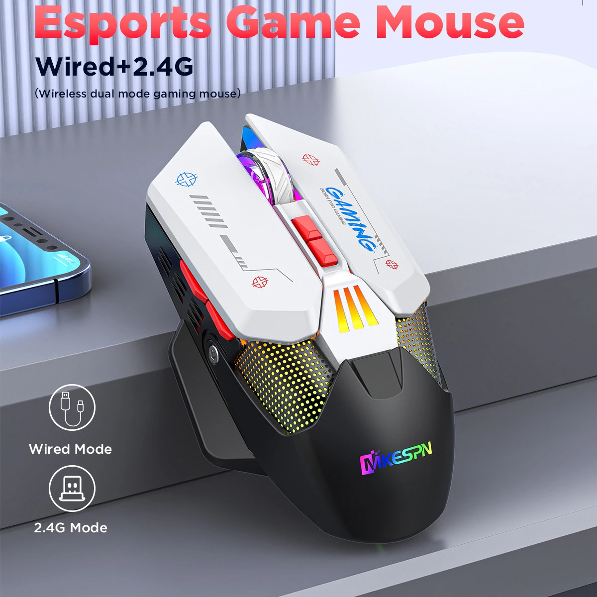 2.4G Wireless & Wired Dual Mode Mouse Rechargeable Mechanical RGB Macro Programmable Esports Game Mause PC Computer Accessories