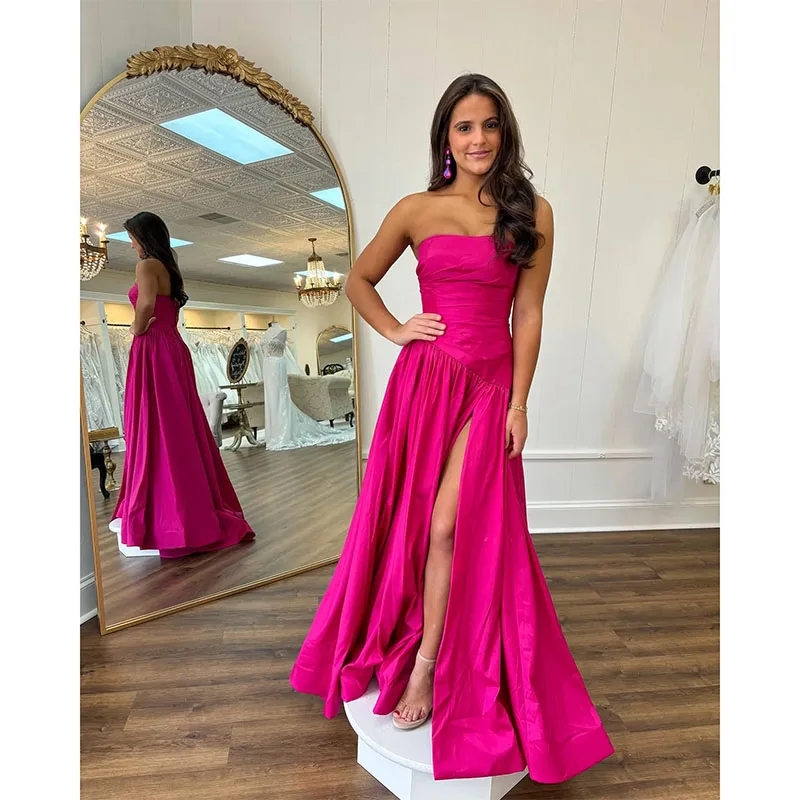 Barbie Pink A-Line Prom Dress Strapless Evening Dresses Elegant Thigh Split Backless Formal Dresses for Women