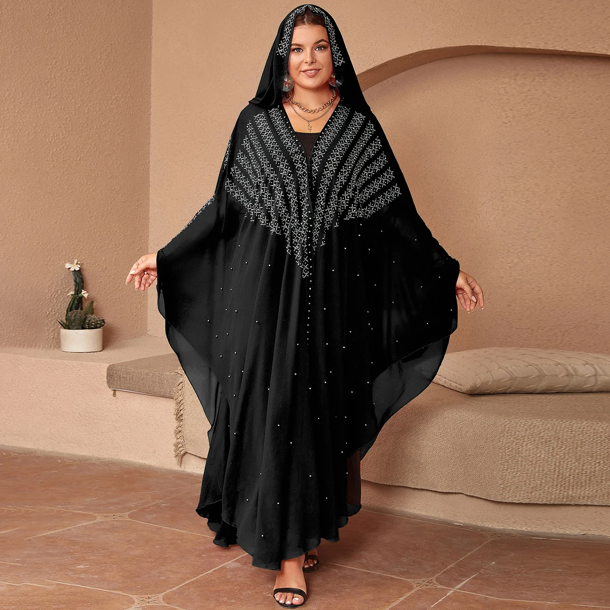 Muslim Hooded Robes Boubou African Abaya Dresses For Women Elegant Chiffon Beaded Long Dress Ladies Traditional Africa Clothing