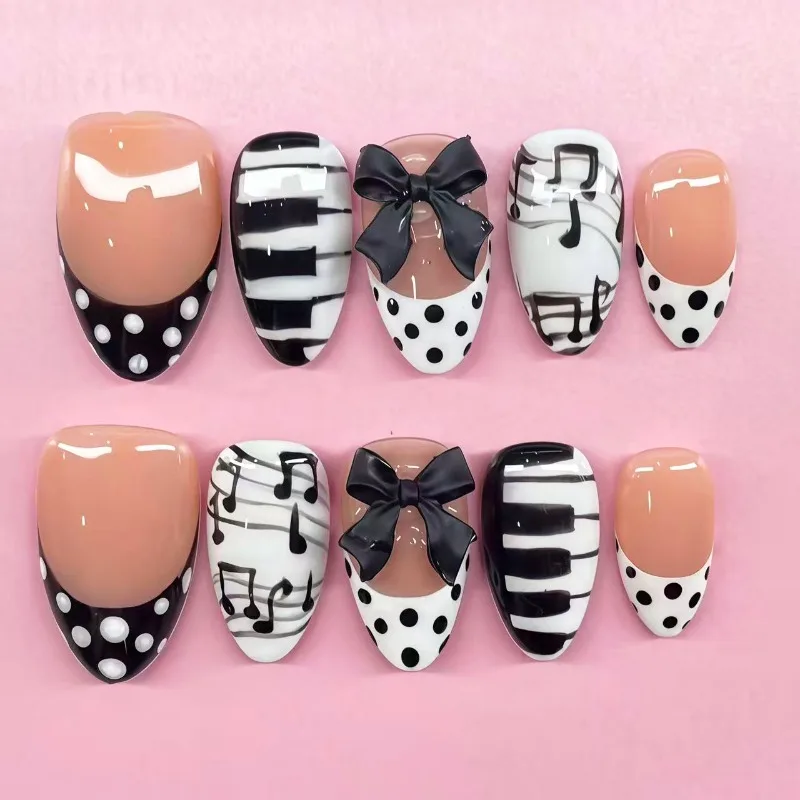 30Pcs Press-On Nails Black and White 3D Bows and Polka Dots French-Style Piano Design—Perfect for Girls and Everyday Wear