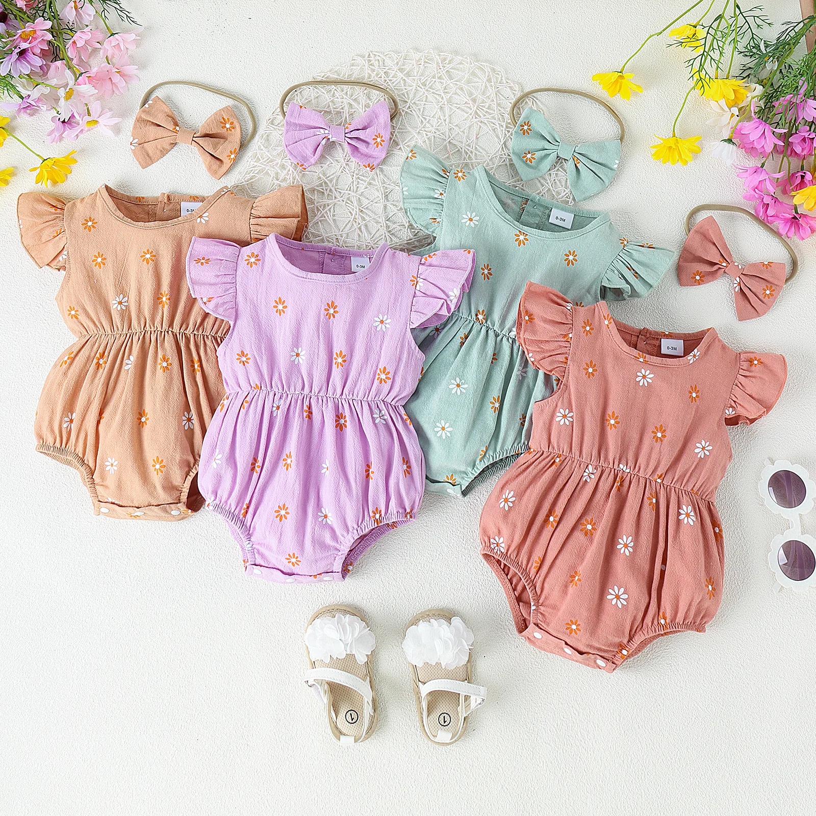 2PCS Summer 0-2 Years Old Comfortable Fashion Cute Baby Girl Multi-Color Printed Flower Jumpsuit + Bow Head Estimate