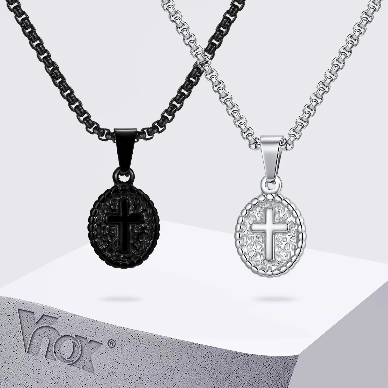 Collier à breloques croix Vintage pour hommes et garçons, pendentif ovale en acier inoxydable, cadeau de bijoux de prière de foi religieuse