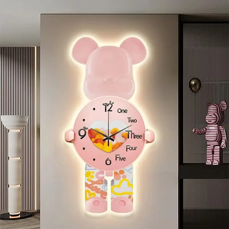 Imagem -02 - Decoração do Quarto Artesanato Relógio Mudo Parede Design Moderno Urso dos Desenhos Animados Criativo Relógio de Parede Decoração para Casa Grande Led Relógios de Parede Sala Estar