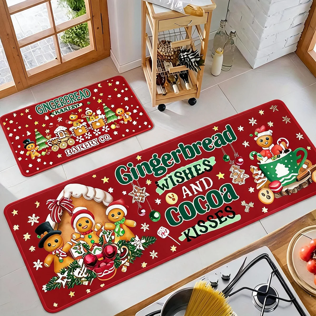 Christmas Kitchen Rug Square Soft Plush Flannel Mat with Christmas Bell Print Non Slip Water Absorbent Floor Rug