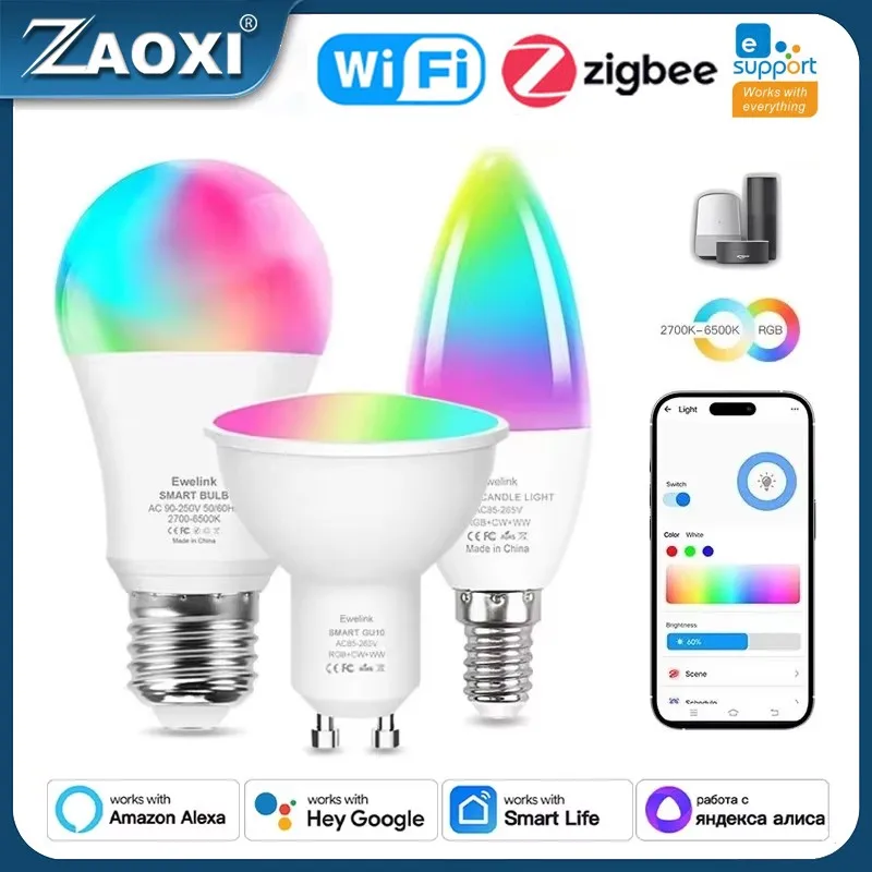 

ZAOXI eWeLink Zigbee WIFI E27 E14 GU10 Smart Light Bulb Home Lighting RGB LED Light Support Alexa Google Voice Assistant Control