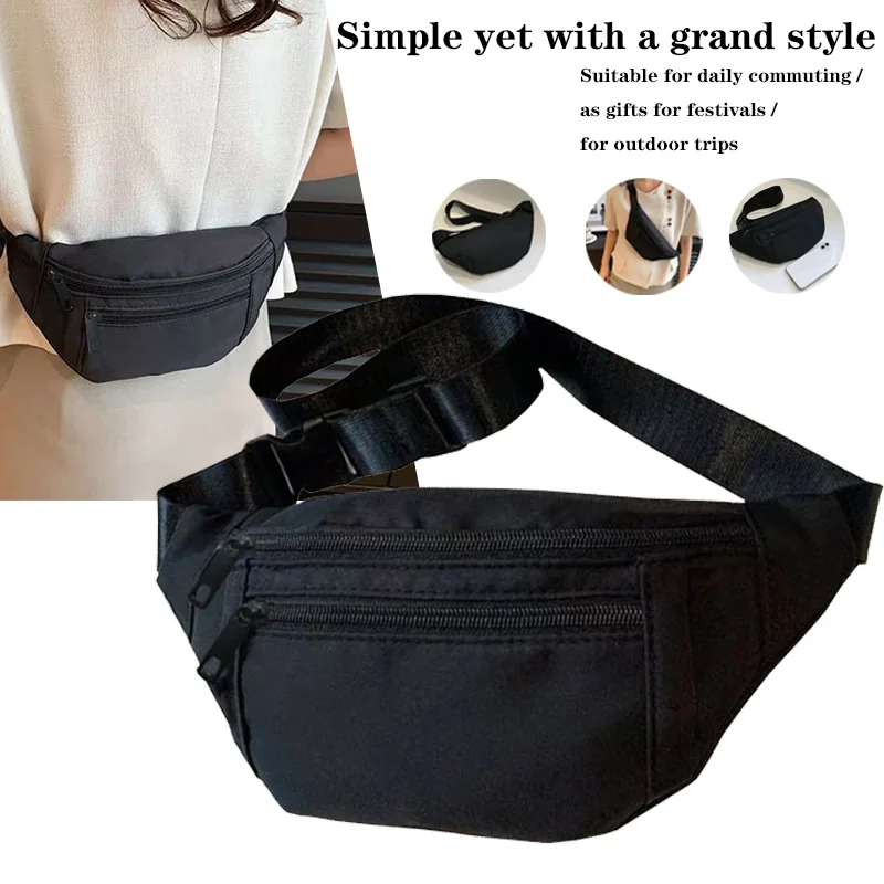 Practical Versatile Black Waist Bag Multi-pocket Design Adjustable-strap Lightweight for Daily Use Casual Bag