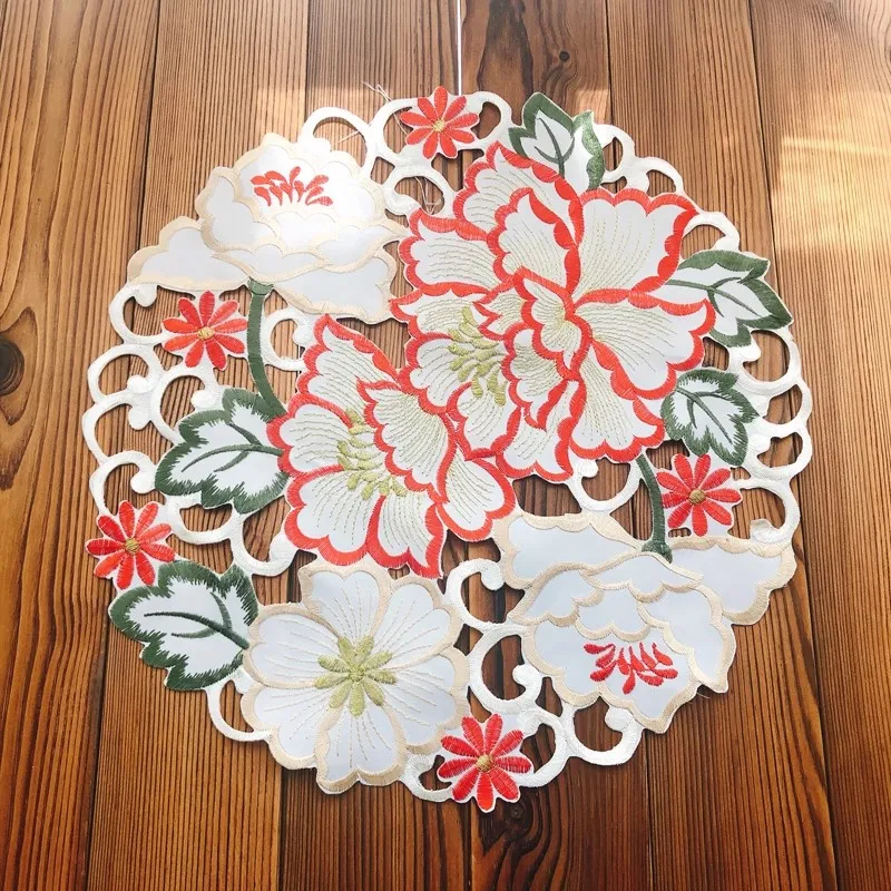 4pcs Embossed Cutwork Placemat European Minimalist Sateen Lace-Embroidered Multi-Functional Tableware Set Floral Vase Mat