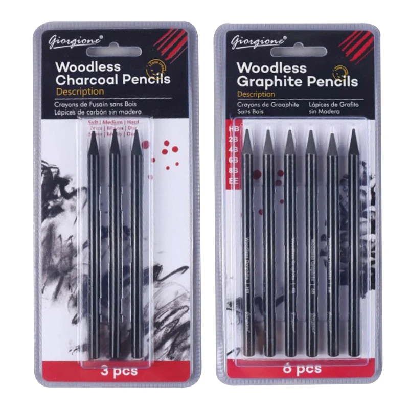 Woodless Pencil Set Black 6 Degrees Graphite Pencil 3 Degrees Charcoal Pencil for Beginner Student Amateur Painter 3/6PC