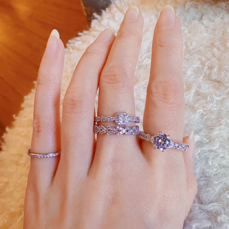 

925 Sterling Silver Rings For Women Adjustable Purple Zircon Hollow Out Love Heart Finger Ring Jewelry Party Birthday Gift