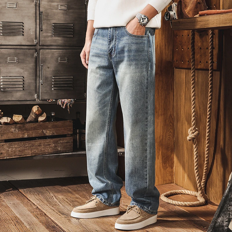 Men's Casual Straight Jeans New Arrival 2026 Autumn American Retro Streetwear Light Washed Male Denim Pants N1014