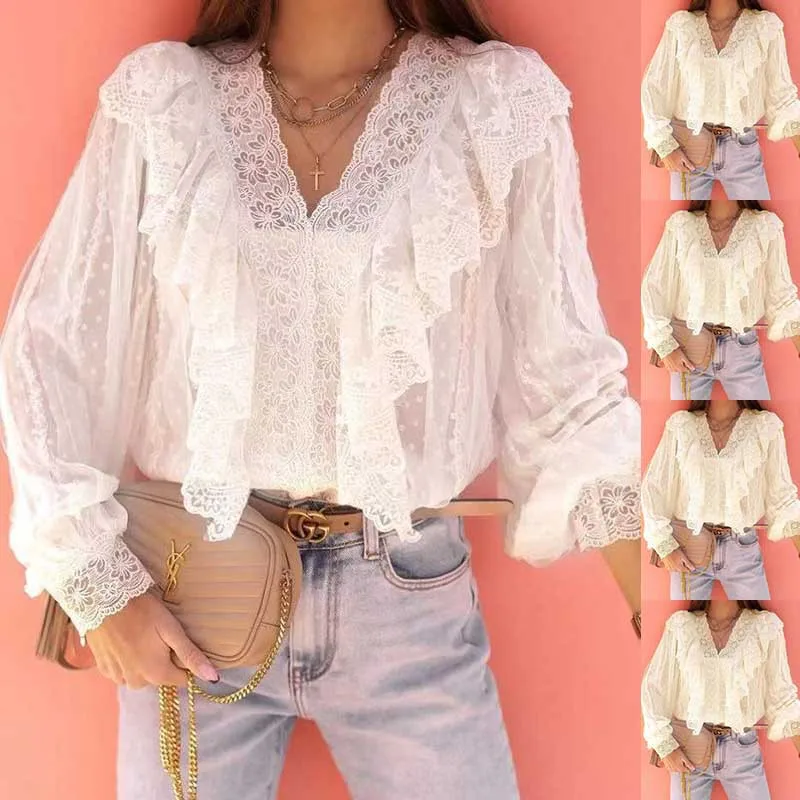 

Women's Lace V-neck Spliced Ruffle Edge Shirt